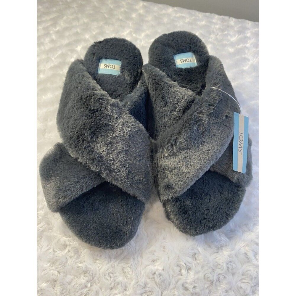 Toms Susie Womens Dark Natural Forged Iron Faux Fur Slippers Open Toe Size 10